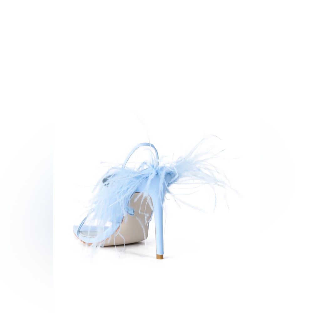 Azalea Wang Chick Feather Decor Pointed Toe Sandal Heel Light Blue Womens Size 9 - Picture 2 of 8